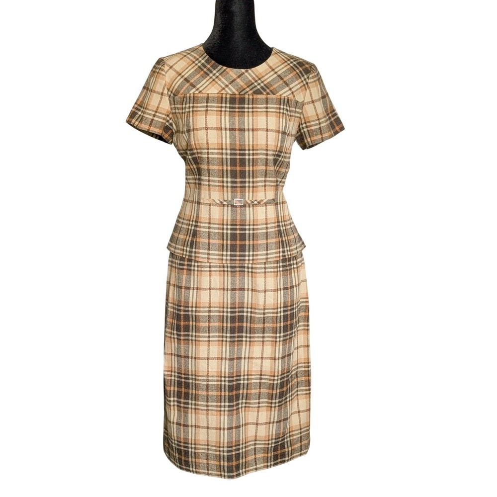 Vintage 90s 1960s Mid Century Modern Brown Plaid Wool Pencil Skirt Set